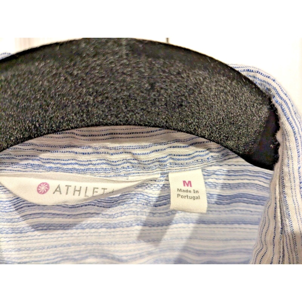 ATHLETA Womens Sz M Blue Stripe Button Pocket Curved Hem Viscose Roll Tab Sleeve - Picture 5 of 16